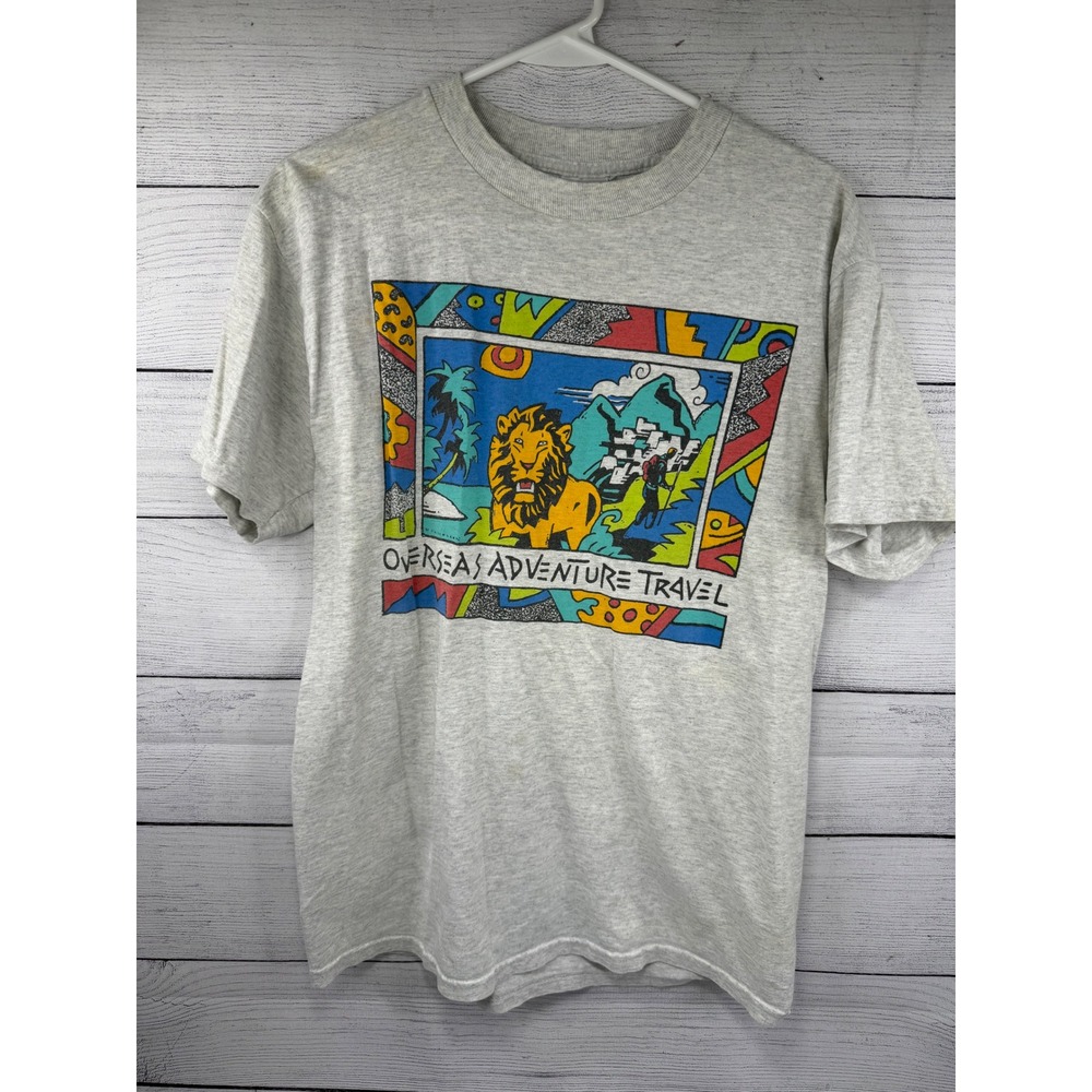 Vintage Overseas Adventure Travel Graphic T Shirt Gray Delta Pro Weight Mens M